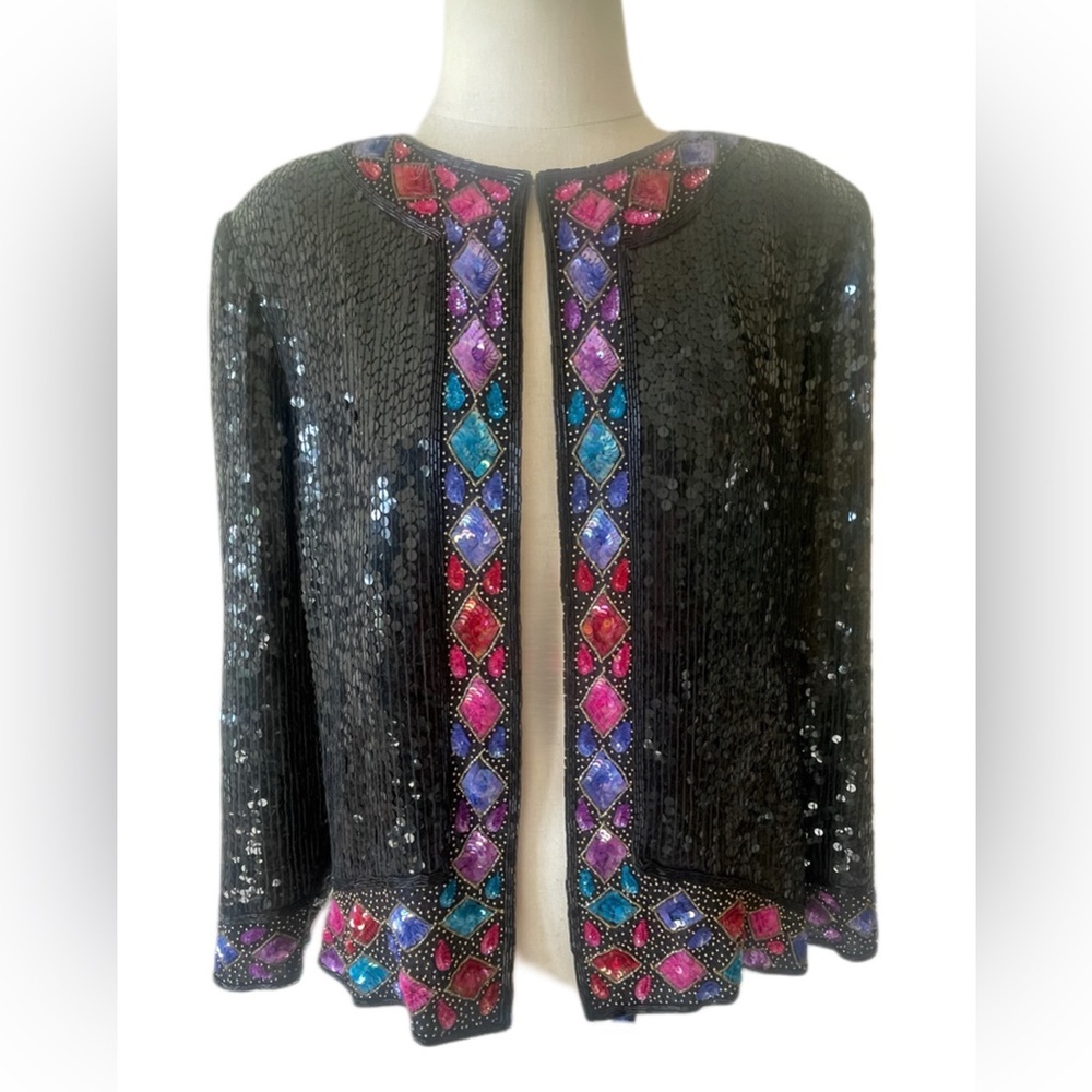 Vintage 1980s Stenay Silk Beaded Short Black Sequin Jacket Cardigan Colorful